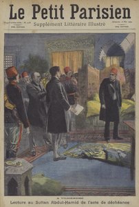 Sulttaani Abdul Hamid II:n vangitsemisasiakirjan lukeminen Yildizin palatsissa Konstantinopolissa