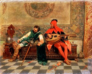 "Drunk Warrior and Court Jester", italialainen maalaus 1800-luvulta. tekijältä Casimiro Tomba