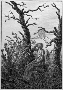 Die Frau mit dem Spinnennetz zwischen kahlen Bäumen tekijältä Caspar David Friedrich