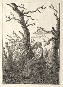 Nainen hämähäkkiverkon kanssa paljaiden puiden välissä tekijältä Caspar David Friedrich