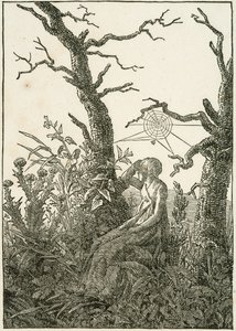 Nainen hämähäkinseitin kanssa paljaiden puiden välissä tekijältä Caspar David Friedrich