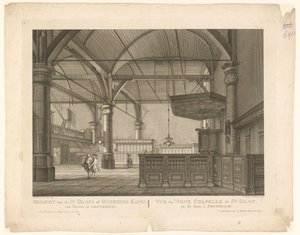 Amsterdamin Pyhän Olofin kappelin sisustus Näkymä St. Olofsin tai Oudezydin kappeliin sisältä, Amsterdamissa / Vue du Vieux Chapelle de St. Olof ja tanssi, à Amsterdam (otsikko esineessä)