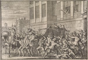 Hyökkäys Madridissa Olivaresin kreivin Gaspard de Gusmánin vaunuja vastaan, 1643 tekijältä Caspar Luyken (attributed to)