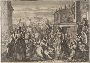 Naiset polvistumassa kuningatar Annan edessä Pariisissa, anomassa häntä verojen alentamiseen, 1645 tekijältä Caspar Luyken (attributed to)