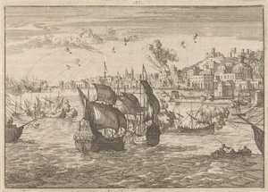 Ranskan laivaston pommittama Genova, 1684 tekijältä Caspar Luyken