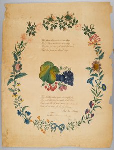 Nimetön (runo ja koristeseppele) (wc, grafiitti & muste paperille) tekijältä Catherine Emma Manley