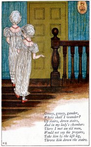 Kuvitus "Goosey, goosey gander, minne minä vaelsin", Kate Greenaway 1846-1901