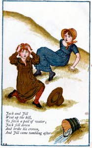 Kuvitus "Jack ja Jill meni ylös mäkeä", Kate Greenaway 1846-1901 tekijältä Catherine Greenaway