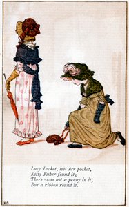Kuvitus "Lucy Locket, kadotti kukkaronsa", Kate Greenaway 1846-1901