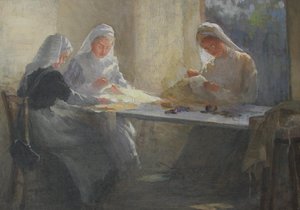 Kensington War Hospital Supply Depot (Kensington Square), Kolme sairaanhoitajaa istumassa pöydän ääressä ompelemassa, n. 1916 (öljy kankaalle) tekijältä Catherine Ouless