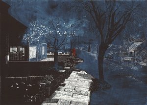 Musiikin ääni lähiössä, 2012 (linoleikkaus ja etsaus) tekijältä Catherine Sutcliffe Fuller
