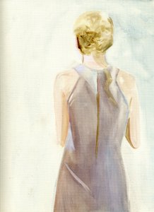 Rosemary Woodhousen vaatekaappi, Asu 38: Taupe, pellavapintainen, hihaton mekko, jossa on selkäreunus ja vetoketju takana (Castevetsin uudenvuodenjuhlat), 2009 (öljy paperille).
