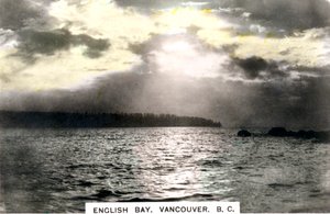 Auringonlasku English Bayn yllä, Vancouver, Brittiläinen Kolumbia, Kanada, 1920-luku.