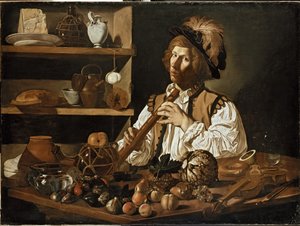 Sisustus, jossa on asetelma ja nuori mies pitelemässä soitinta, 1700-luku