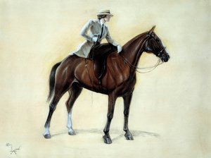 Tyylikäs cavalier kohoaa Amazoniksi. Piirustus Cecil Aldin (1870-1935) 1800-luvun Yksityinen kokoelma tekijältä Cecil Charles Windsor Aldin