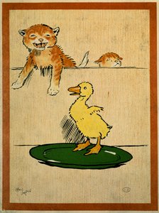Kissat ja ankka. Piirustus Cecil Aldin (1870-1935). Pariisi, koristetaide tekijältä Cecil Charles Windsor Aldin