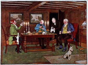 Asiantuntijat Juojat nauttivat lasillisen portviiniä. Cecil Aldinin (1870-1935) akvarelli 1800-luvun yksityinen kokoelma tekijältä Cecil Charles Windsor Aldin