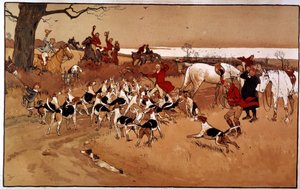 Metsästys kohtaus juoksi; ammunta. Kaiverrus Cecil Aldin (1870 -?), Englanti. Coll. Osa tekijältä Cecil Charles Windsor Aldin