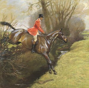 Everstiluutnantti Ted Lyon hyppäämässä pensasaita (pastelli paperille) tekijältä Cecil Charles Windsor Aldin