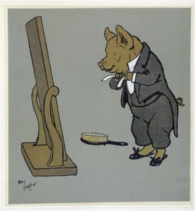 Possujen hoito, solmiosolmun säätö peilin edessä - "Merry Party", ill. kirjoittanut Cécil Aldin, toim. Hodder & Stoughton, Lontoo tekijältä Cecil Charles Windsor Aldin