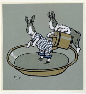 Kanit prennant un bain - "" Merry Party" -elokuvassa, ill. kirjoittanut Cécil Aldin, toim. Hodder & Stoughton, Lontoo tekijältä Cecil Charles Windsor Aldin