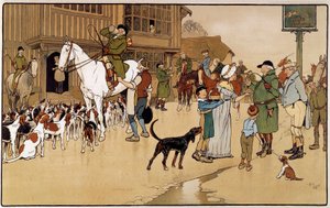 Pysähdy majatalossa jänismetsästyksen aikana. Cecil Aldinin vesiväri (1870-1935) tekijältä Cecil Charles Windsor Aldin