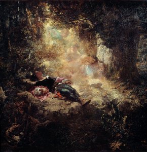 Auringonpaiste Nuoret nukkuvat tiellä. Celestin Nanteuilin (1813-1873) maalaus