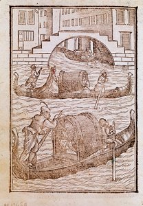 Gondolit Venetsian laguunissa 1400-luvulla Cesare Vecellion (1521-1601) kaiverrus kirjasta "" Muinaisista ja moderneista vaatteista "" 1590 Venetsia Biblioteca Marciana tekijältä Cesare (after) Vecellio