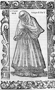 Renessanssi: kurtisaani paavi Pius V:n (1566-1572) aikana. Kaiverrus Cesare Vecellion "" Modern and Ancient Costumes" -julkaisusta tekijältä Cesare (attr. to) Vecellio