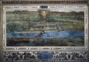 Näkymä Innsbruckin kaupunkiin, Itävalta. Näkymä Habsburgien valtakunnan kaupungeista. Fresko Michelozzon hovista Firenzen Palazzo Vecchiossa. Sebastiano Veronesen Giovanni Lombardin, Cesare Baglionin ja Turino da Piamonten maalaus, noin 1565. Siz tekijältä Cesare Baglioni