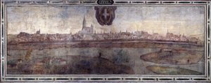 Näkymä Wienin kaupunkiin, Itävalta. Näkymä Habsburgien valtakunnan kaupungeista. Fresko Michelozzon hovista Palazzo Vecchiossa Firenzessä. Sebastiano Veronesen Giovanni Lombardin, Cesare Baglionin ja Turino da Piamonten maalaus, noin 1565. Koko: tekijältä Cesare Baglioni