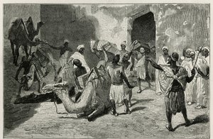Kamelien lastaus tarinan kirjoittajan Atangerin karavaanista, Biseon kaiverrus havainnollistamaan Edmondo de Amicisin tarinaa Le Maroc, vuonna 1875, julkaistu tour du mondessa, Edouard Chartonin johdolla.