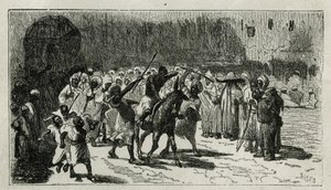 varkaan puhe, kiipeää muulin selkään, hän saa pamppuja väkijoukon sävyjen alla, C. Biseon kaiverrus havainnollistamaan Edmondo de Amicisin tarinaa Le Maroc, vuonna 1875, julkaistu tour du monde -lehdessä. Edouard Chartonin suuntaan tekijältä Cesare Biseo