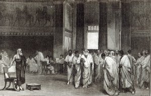 Appius Claudius taivuttelee senaattia hylkäämään Pyrrhusin rauhantarjouksen, elokuvasta Leisure Hour, 1891