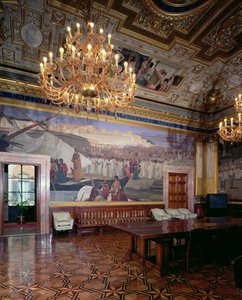 Sala Maccari Maccari-sali, joka on koristeltu runsaasti kullatuilla stukoilla ja kohtauksilla Rooman historiasta, yksityiskohta paneelista, joka kuvaa puhujaa väkijoukon edessä, 1882-88 kuva