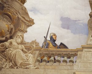 Yksityiskohta Cesare Marianin (1826-1901) freskosta "Allegoria Italiasta", Enemmistön salin katto, Palazzo delle Finanze (Rahoituspalatsi), Rooma. Italia tekijältä Cesare Mariani