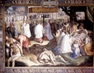 Milanon rutto: Saint Charles Borromeo (San Carlo Borromeo) (1538 - 1584) kommunikoi kuolevaisten. Carlo Nebbian fresko Borromeo Collegessa Paviassa. 16. vuosisata