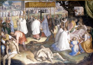 Saint Charles Borromeo San Carlo Borromeo kommunikoi kuolevia tuholaisia ​​ruton aikana vuosina 1575–1577 Milanon lazareetissa. Fresko Charles Nebbia Borromeo Collegessa Paviassa (Milano).