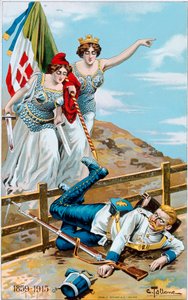 Ensimmäinen maailmansota: juliste, joka kuvaa allegoria Italiasta ja Ranskasta jahtaamasta Saksaa rajan yli. Kuvitus: Cesare Tallone (1853-1919) Yksityinen kokoelma tekijältä Cesare Tallone
