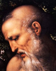 Pyhä Hieronymus, yksityiskohta pyhän päästä (öljy paneelissa) (yksityiskohta 112517) tekijältä Cesare da Sesto