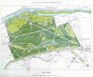 Pariisin Bois de Boulognen suunnitelma, julkaissut Caudrilier, 1860 tekijältä Ch. Walter