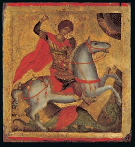 Pyhän Yrjön ikoni hevosen selässä, Lohikäärmeen surmaaminen (munan tempera puussa) tekijältä Chanter Angelos Akotandos