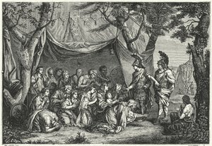 Persian kuningattaret Aleksanterin jaloissa (kaiverrus) tekijältä Charles (after) Le Brun