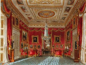 Rose Satin Drawing Room, Carlton House, teoksesta "The History of the Royal Residences", kaiverrus Daniel Havell (1785-1826), William Henry Pyne (1769-1843) tekijältä Charles (after) Wild
