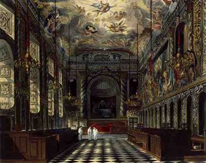 Kuninkaallinen kappeli, Windsorin linna, "Royal Residences", kaiverrus Thomas Sutherland (s.1785), pub. Kirjailija: William Henry Pyne (1769-1843) tekijältä Charles (after) Wild