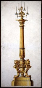 Suunnittelu uusklassiselle kynttelikkölle, n. 1820 (kynä ja muste vesivärillä paperille) tekijältä Charles (attr. to) Percier