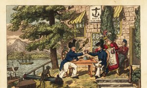 Midshipman Newcome ja Master’s Mate Spunyarn juovat mustaa strippiä tai Malagan viiniä Navy Tavernissa Scud Hillin huipulla Gibraltarilla