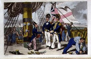 Quarter Deck ennen taistelua, levy John Mitfordin (1782-1831) 1818 (litho) elokuvasta "Johnny Newcomen seikkailut laivastossa"