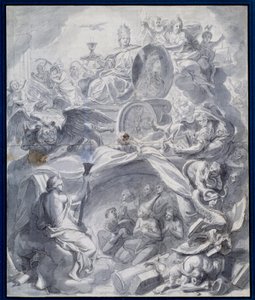 Allegoria: "" Harhaopin voittokirkko tai uskonnon voitto"" Guassin piirtäminen ja Charles Lebrunin (Le Brun) (1619-1690) työpajan pesu 1600-luvun Pariisissa, Musee du Louvre tekijältä Charles (studio of ) Le Brun