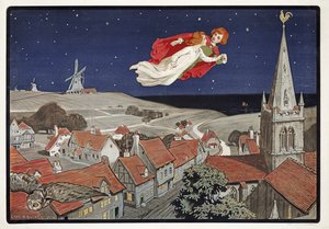 Peter ja Wendy lentää Peter Panista, kirjoittanut J M Barrie (1860 - 1937), pub.1904 (väri litho)